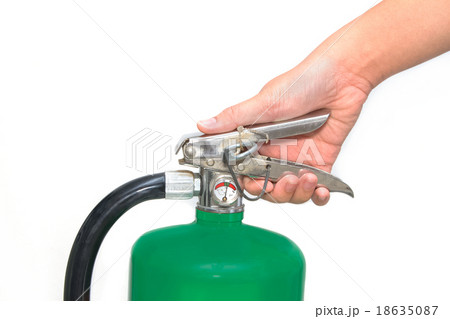 hand pressed the trigger green fire extinguisher 18635087