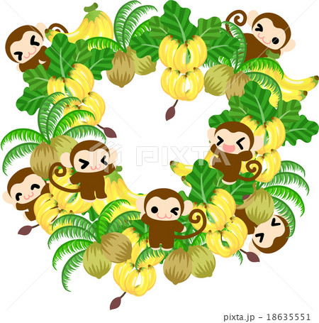バナナとヤシの実がたわわなリースと可愛いお猿さんのイラスト素材