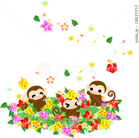 きれいなハイビスカスの花畑と可愛いお猿さんのイラスト素材