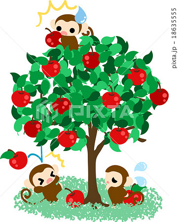 リンゴの木に登って収穫している可愛いお猿さんのイラスト素材