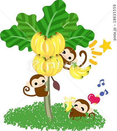 バナナの木に登って収穫している可愛いお猿さんのイラスト素材