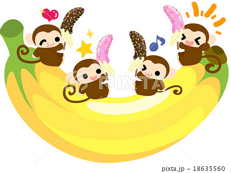大きなバナナに腰掛けて おいしいチョコバナナを食べるお猿さんの