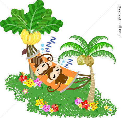 ヤシの木とバナナの木にかけられたハンモックの上でお昼寝中のお猿さんのイラスト素材