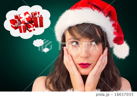 Composite image of pretty santa girl with hands on face Composite image of pretty santa girl with hands on face 18637035