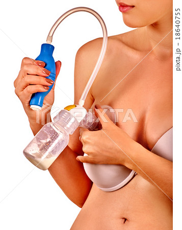 Naked female breast feeding with breastpump. Naked female breast feeding with breastpump. 18640755
