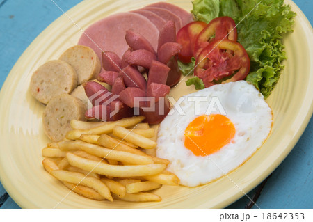 Breakfast with fried eggs, bacon, sausages Breakfast with fried eggs, bacon, sausages 18642353