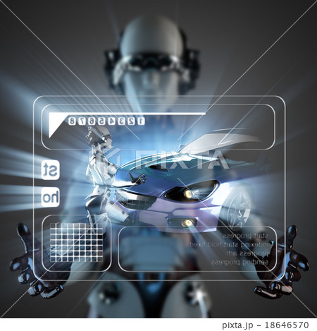 cyborg woman and car on hologram display cyborg woman and car on hologram display 18646570