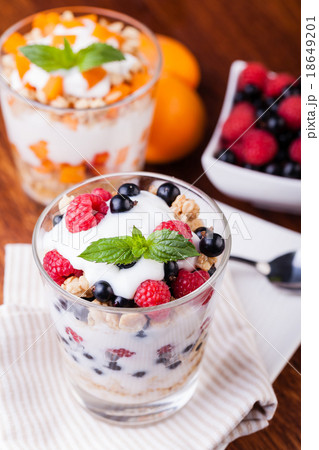 yogurt with muesli and berries yogurt with muesli and berries 18649201