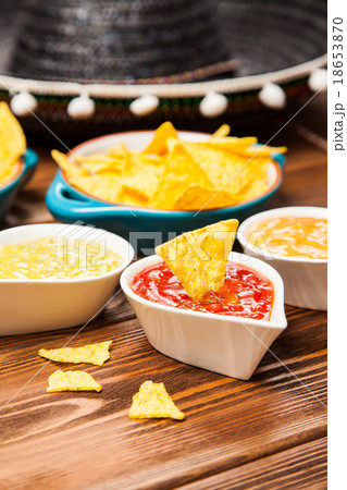 Plate of nachos with different dips 18653870