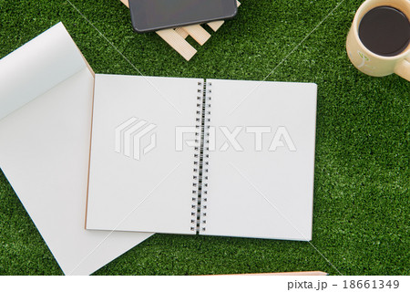 open notebook and pencil on grass field open notebook and pencil on grass field 18661349
