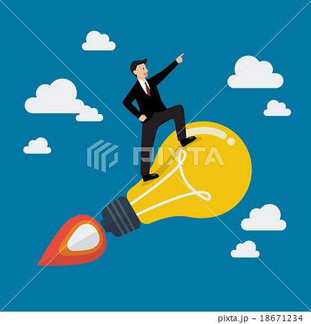 Businessman on a moving lightbulb idea rocket 18671234