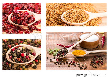 Beautiful collection of spices in wooden spoons Beautiful collection of spices in wooden spoons 18675027