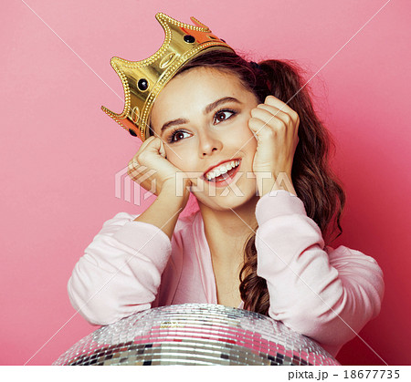 young cute disco girl on pink background with ball young cute disco girl on pink background with ball 18677735