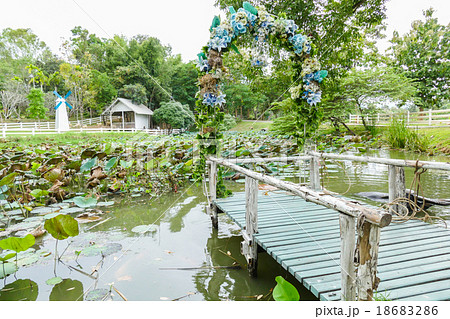 wooden pier decorating with blue flower wooden pier decorating with blue flower 18683286