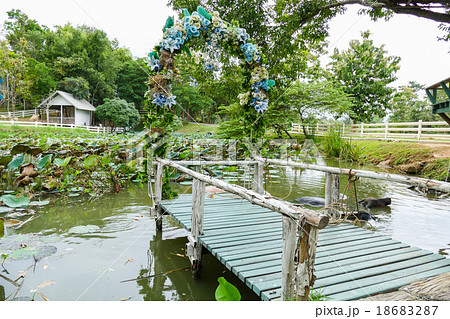 wooden pier decorating with blue flower  18683287