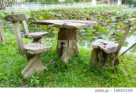 wooden seat at the waterside of water lily pond wooden seat at the waterside of water lily pond 18683289