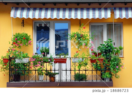 Yellow Building Wall With Balcony Flowery Garden Yellow Building Wall With Balcony Flowery Garden 18686723
