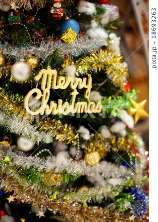 メリークリスマスの文字とクリスマスツリー Merry Christmas Signsの写真素材