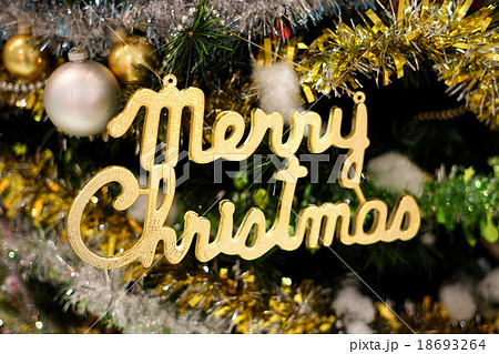 メリークリスマスの文字とクリスマスツリー Merry Christmas Signsの写真素材
