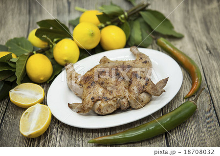 Fried chicken tapaka on porcelain plate  18708032