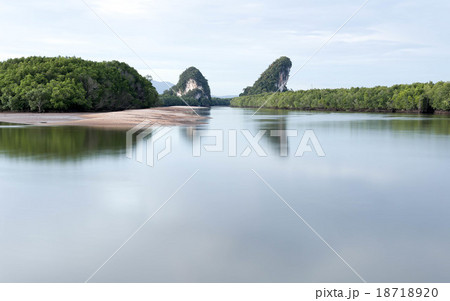 Lake and forest mountain on blue sky 18718920