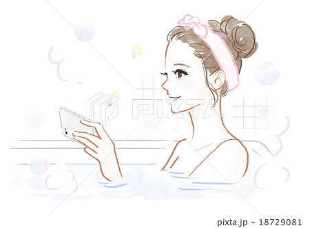 お風呂で動画を視聴する女性のイラスト素材
