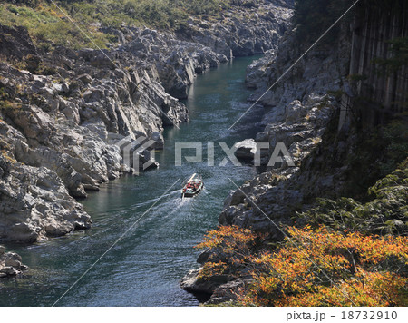 徳島県三好市 吉野川 紅葉の 大歩危峡 を行く観光遊覧船の写真素材