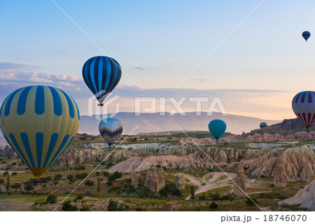 Hot air balloon flying over Cappadocia, Turkey 18746070