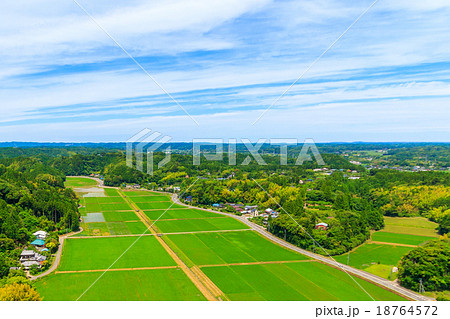 いすみ市の水田と里山の風景を空撮 18764572