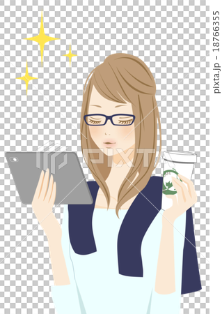 カフェタイムの笑顔の女性　タブレット　楽しい 18766355