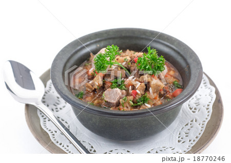 Beef stew with celery in a stone bowl 18770246