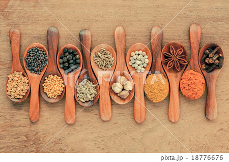 Assorted of spices in wooden spoon Assorted of spices in wooden spoon 18776676