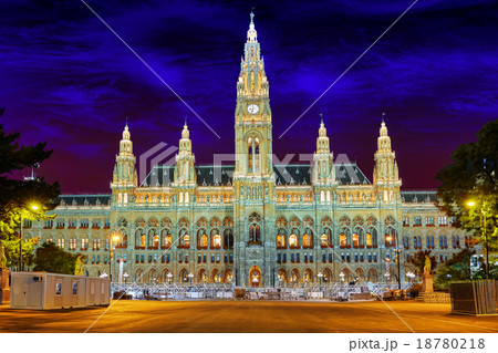 Vienna's Town Hall (Rathaus) at nightime. 18780218