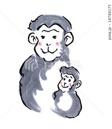 申 年賀状イラスト 水墨画 0 猿の親子 のイラスト素材