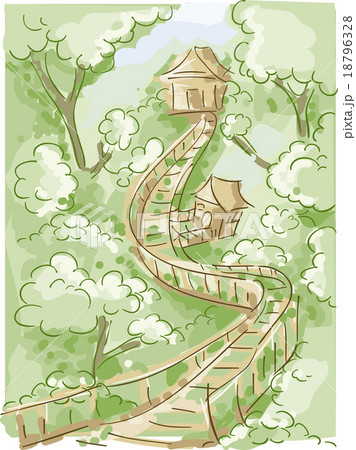 Doodle Houses Trees Bridge Stock Illustration