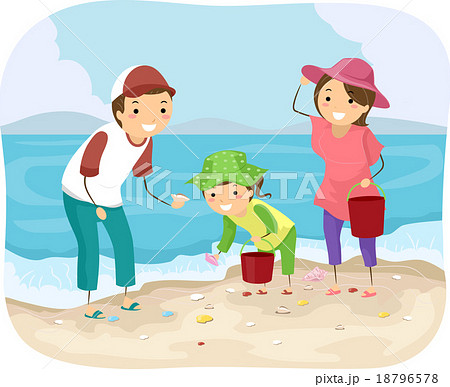 Stickman Family Shell Picking Beachのイラスト素材