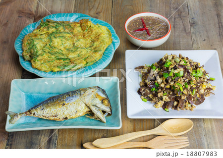 Local Thai foods, mushrooms fried egg, Fried Tuna 18807983