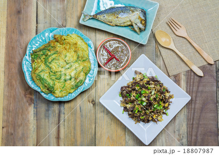 Local Thai foods, mushrooms fried egg, Fried Tuna 18807987