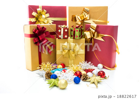 Gift boxes and christmas balls,Isolated on white. 18822617