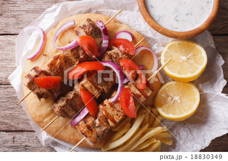 Greek souvlaki with pita close-up view from above Greek souvlaki with pita close-up view from above 18830349