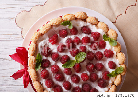 raspberry charlotte cake with Savoiardi closeup 18831370