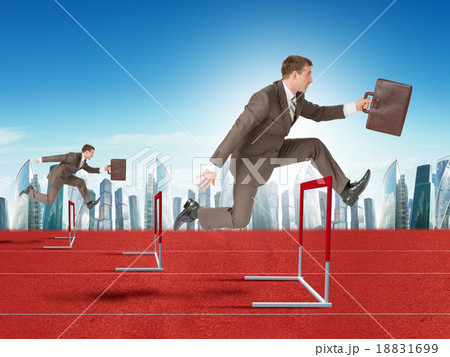 Men hopping over treadmill barrier with city 18831699