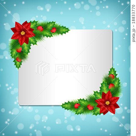 frame with poinsettia, holly and pine on blue  18833770