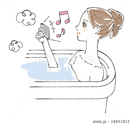 お風呂でスマホを見る女性イラスト 横持ち のイラスト素材 1412