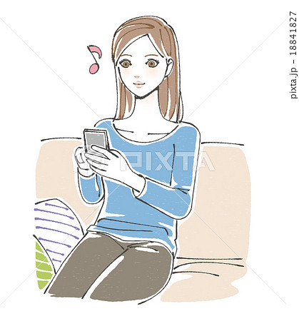 ソファに座ってスマホを見る女性イラスト 縦持ち のイラスト素材