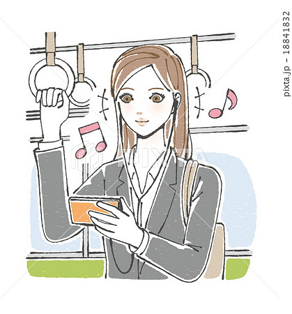 電車内でスマホを見る女性イラスト 横持ち のイラスト素材 1412