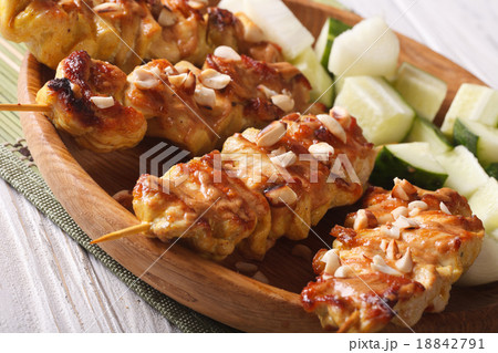 Chicken satay sprinkled with peanuts macro Chicken satay sprinkled with peanuts macro 18842791