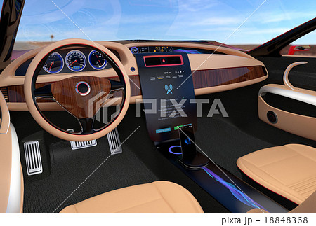 木目調のカーコンソールパネルにソフトウェアアップデートの知らせが表示される 18848368
