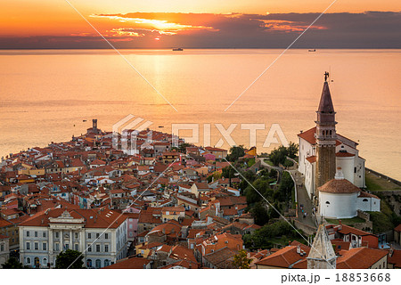 Sunset Over Sea and Old Town of Piran, Slovenia Sunset Over Sea and Old Town of Piran, Slovenia 18853668