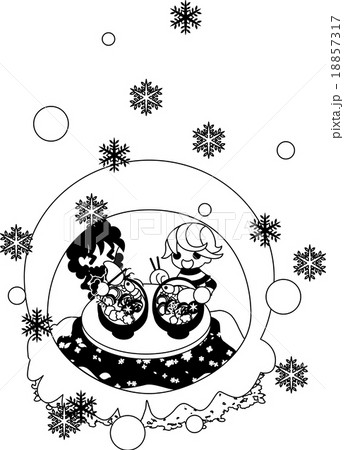 雪が降る寒い日に 暖かいお雑煮を食べましょう のイラスト素材